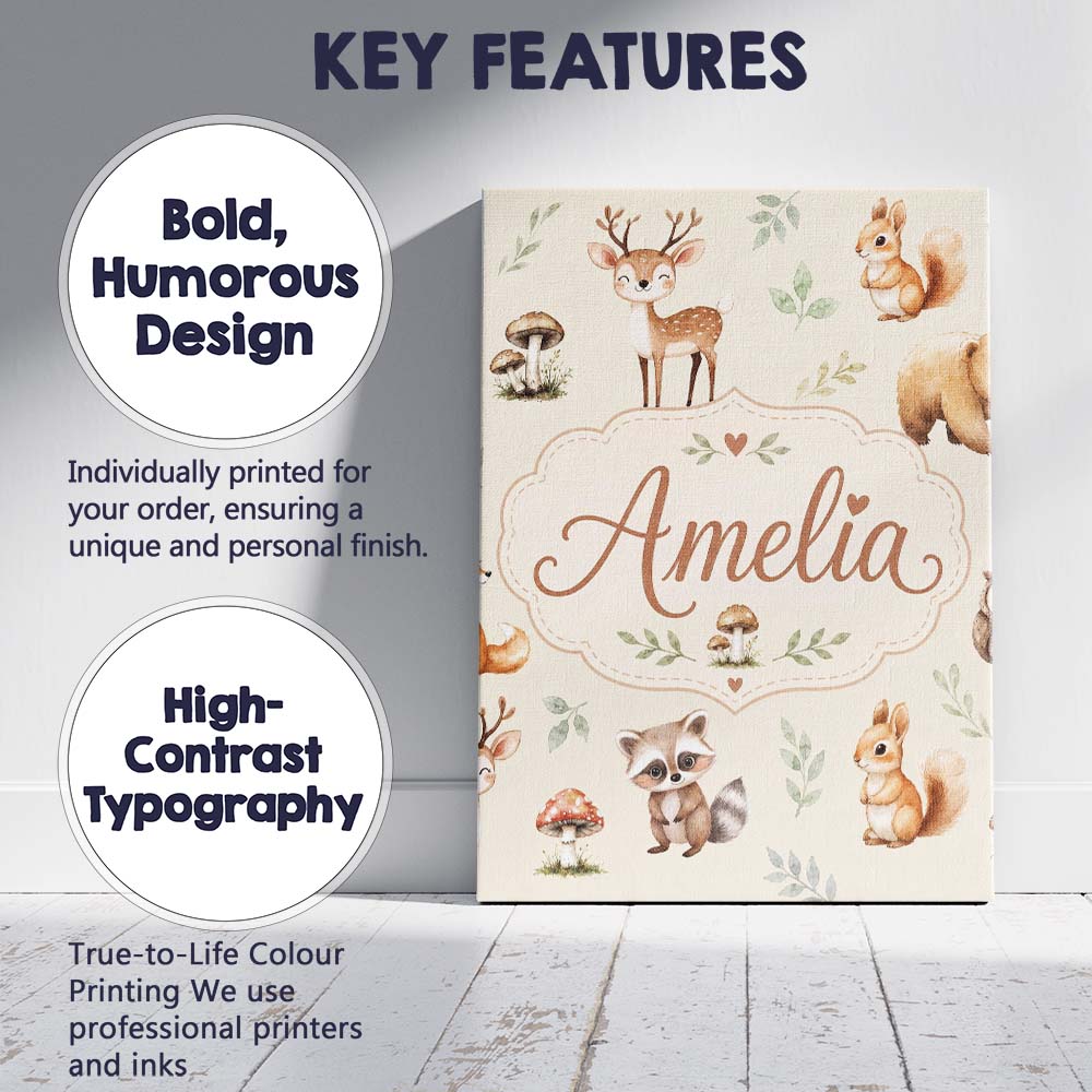 Personalised Name Woodland Deer Bear Fox Custom  Unique Gift Idea Elegant Feature Canvas Wall Art Print Decor Picture Ready to Hang