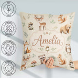 Custom Name Woodland Deer Fox Owl Raccoon Leaves Mushrooms Cream Square Filled Cushion Throw Pillow Sofa Bed Home Decor Zip Washable UK Made
