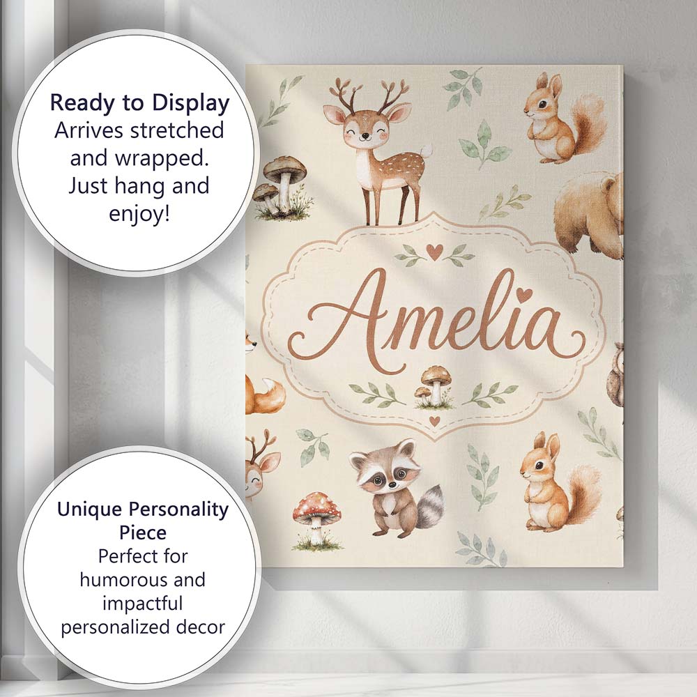 Personalised Name Woodland Deer Bear Fox Custom  Unique Gift Idea Elegant Feature Canvas Wall Art Print Decor Picture Ready to Hang