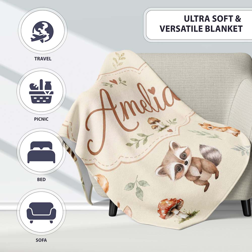 Woodland Deer Bear Fox Owl Raccoon Leaves Mushrooms Cream Seamless  Personalised Custom Name Super Soft Fleece Blanket Bed Sofa Throw