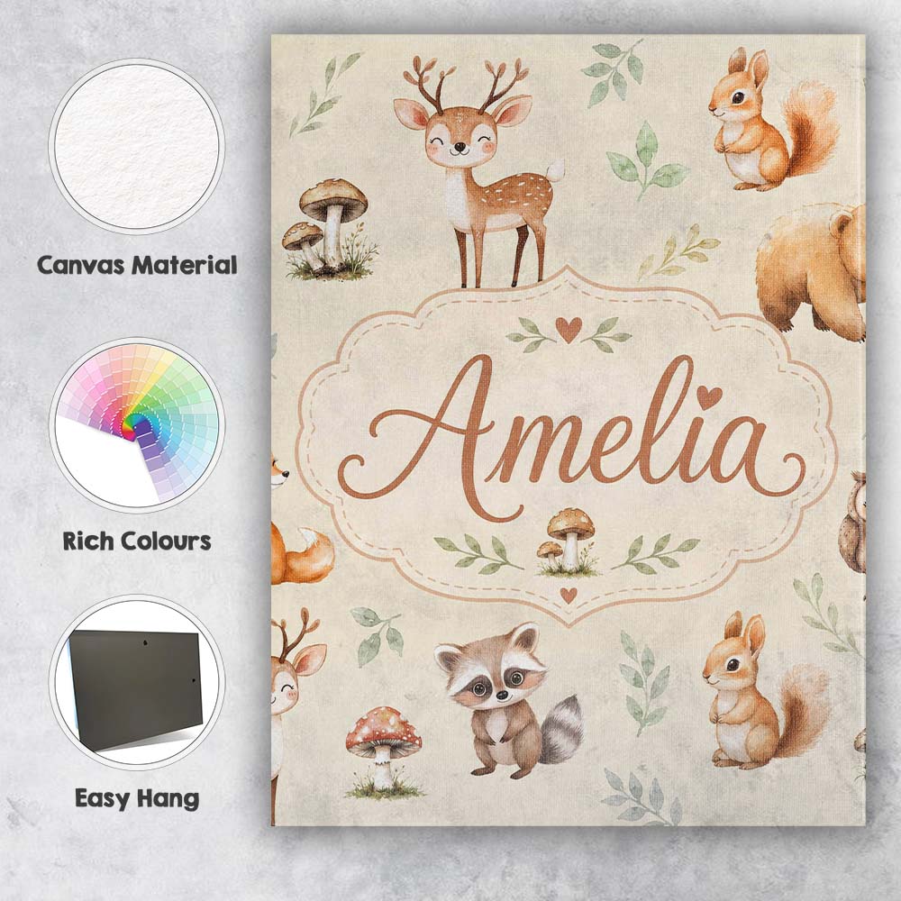 Personalised Name Woodland Deer Bear Fox Custom  Unique Gift Idea Elegant Feature Canvas Wall Art Print Decor Picture Ready to Hang