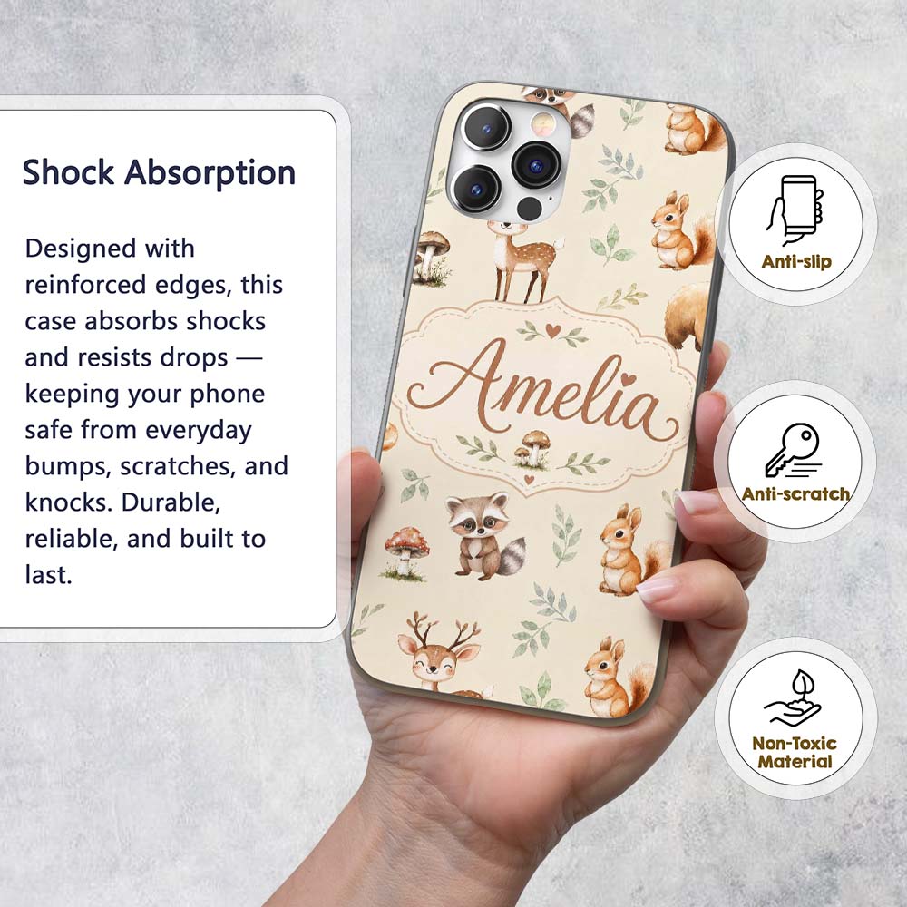 Woodland Deer Bear Fox Owl Raccoon Printed Design Custom Name Protective Phone Case Mobile Cover Durable Everyday Smartphone Shock Resistant