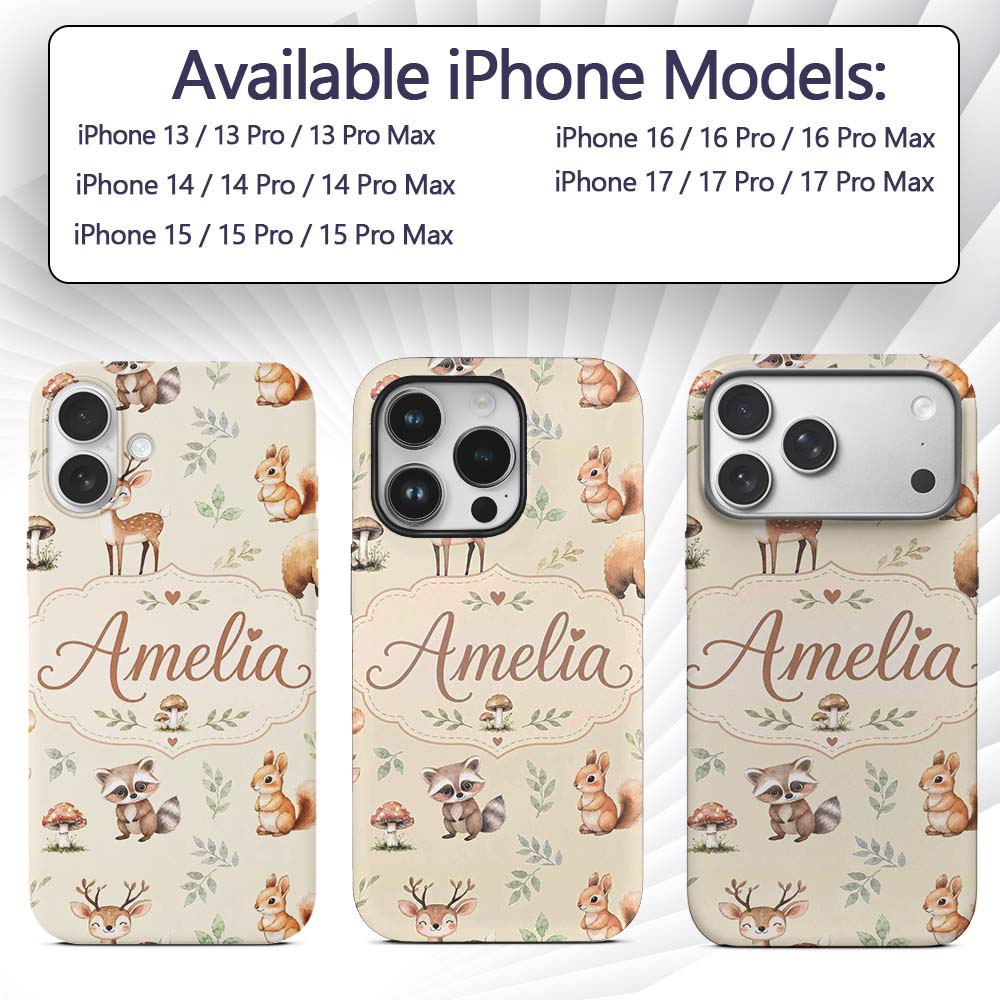 Woodland Deer Bear Fox Owl Raccoon Printed Design Custom Name Protective Phone Case Mobile Cover Durable Everyday Smartphone Shock Resistant