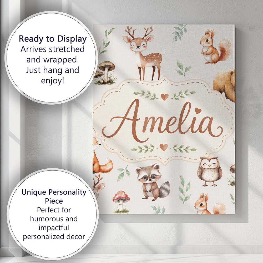 Personalised Name Woodland Deer Bear Fox Custom  Unique Gift Idea Elegant Feature Canvas Wall Art Print Decor Picture Ready to Hang