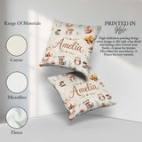 Custom Name Woodland Deer Bear Fox Owl Raccoon Leaves Light Grey Square Filled Cushion Throw Pillow Sofa Bed Home Decor Zip Washable UK Made