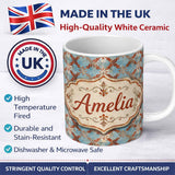 Personalized Custom Name Weathered Blue and Rust Ornate Tile Pattern with Antique Finish 11oz Ceramic Coffee Tea Mug White Large Handle