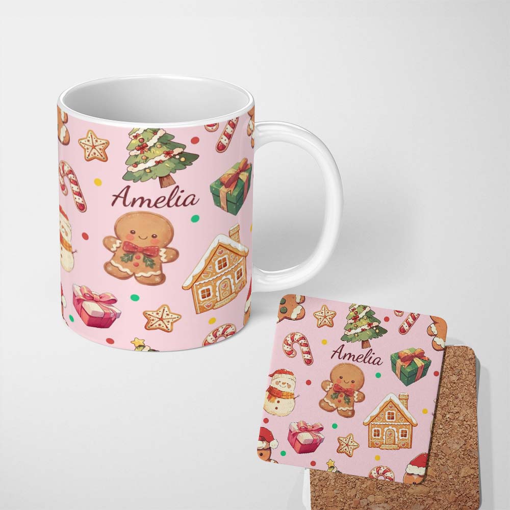 Personalized Custom Name Cute Gingerbread Man Christmas Tree Candy Holiday Pattern Pink 11oz Ceramic Coffee Tea Mug White Large Handle