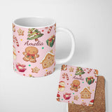 Personalized Custom Name Cute Gingerbread Man Christmas Tree Candy Holiday Pattern Pink 11oz Ceramic Coffee Tea Mug White Large Handle