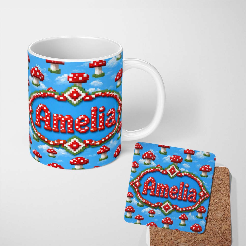 Personalized Custom Name Cute Pixel Mushroom Clouds Sky Seamless Pattern Beautiful Coffee Cup 11oz Ceramic Coffee Tea Mug White Large Handle