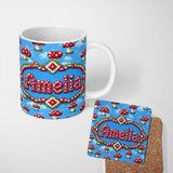 Personalized Custom Name Cute Pixel Mushroom Clouds Sky Seamless Pattern Beautiful Coffee Cup 11oz Ceramic Coffee Tea Mug White Large Handle