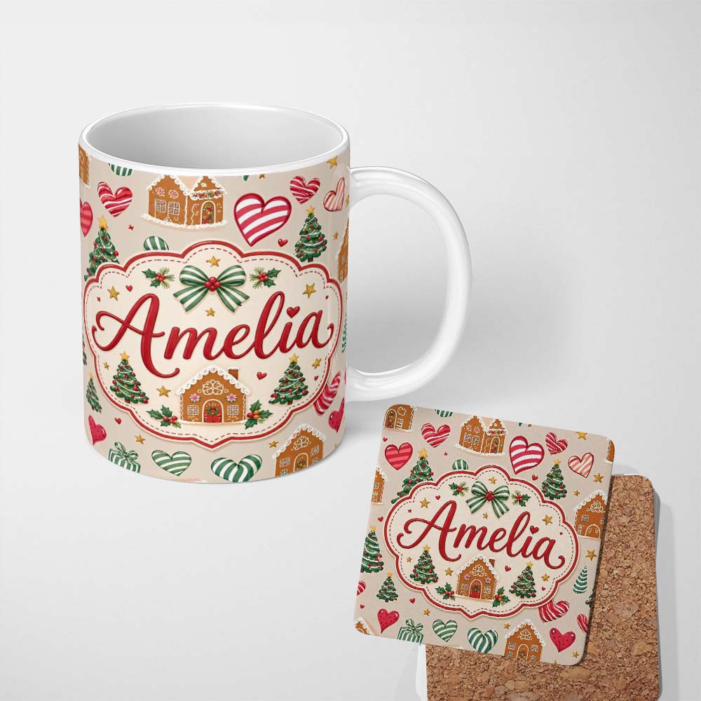 Personalized Custom Name Cute Christmas Gingerbread Houses Hearts Trees Seamless Pattern 11oz Ceramic Coffee Tea Mug White Large Handle