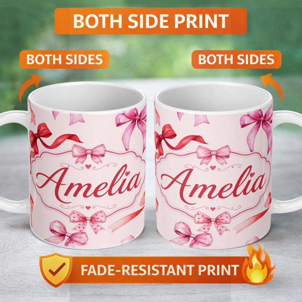 Personalized Custom Name Watercolor Red and Pink Ribbon Bows Neutral Cream Background Cute 11oz Ceramic Coffee Tea Mug White Large Handle