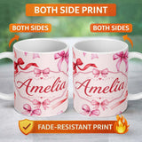 Personalized Custom Name Watercolor Red and Pink Ribbon Bows Neutral Cream Background Cute 11oz Ceramic Coffee Tea Mug White Large Handle