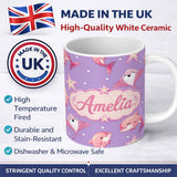 Personalized Custom Name Cute Pink Dolphins and Starfish Seamless Ocean Pattern Purple Lovely 11oz Ceramic Coffee Tea Mug White Large Handle