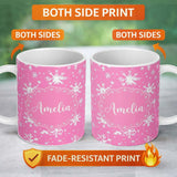Personalized Custom Name Pink White Snowflake Winter Holiday Seamless Pattern Lovely 11oz Ceramic Coffee Tea Mug White Large Handle