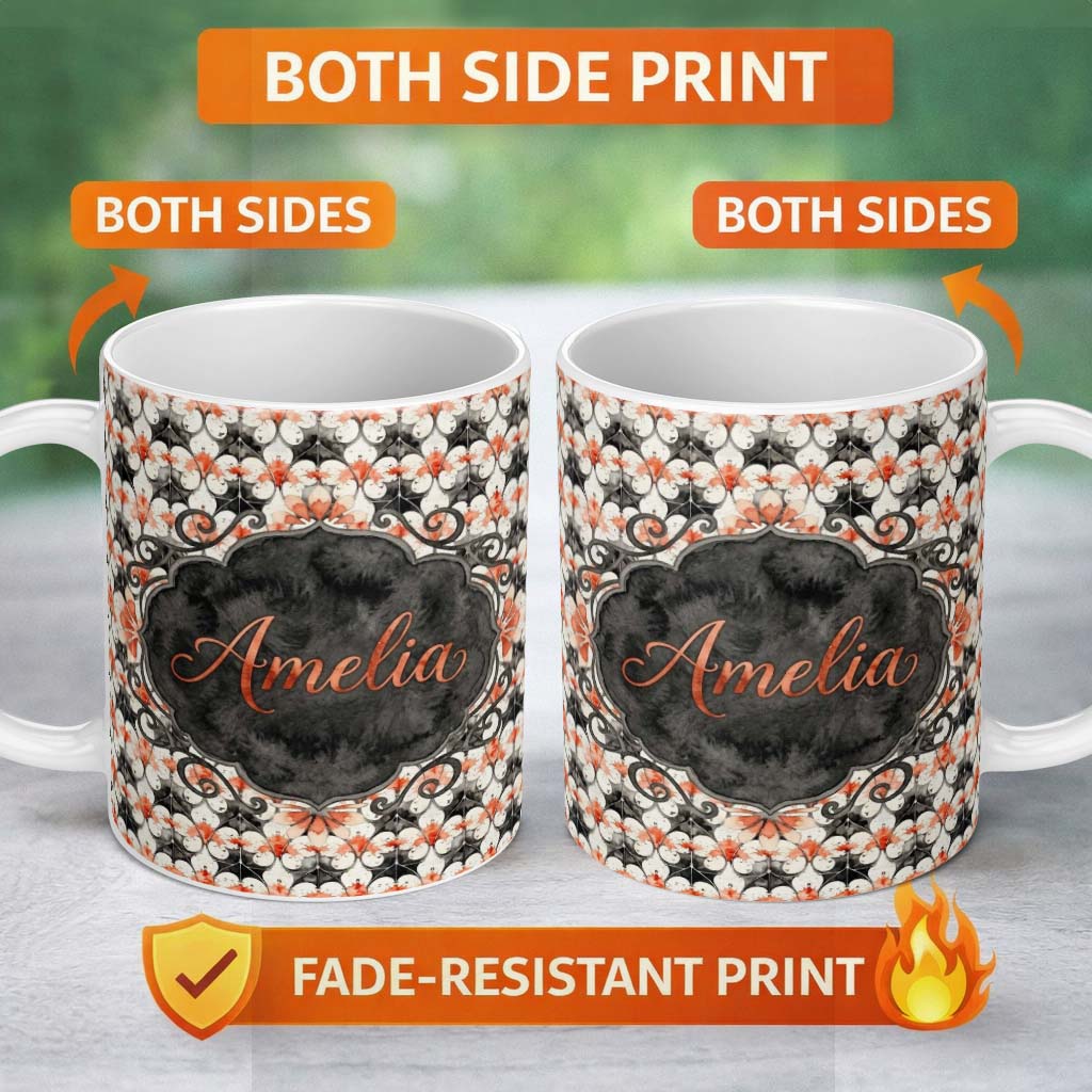 Personalized Custom Name Ornate Floral Tile Pattern with Red Accents Seamless Pattern Lovely 11oz Ceramic Coffee Tea Mug White Large Handle