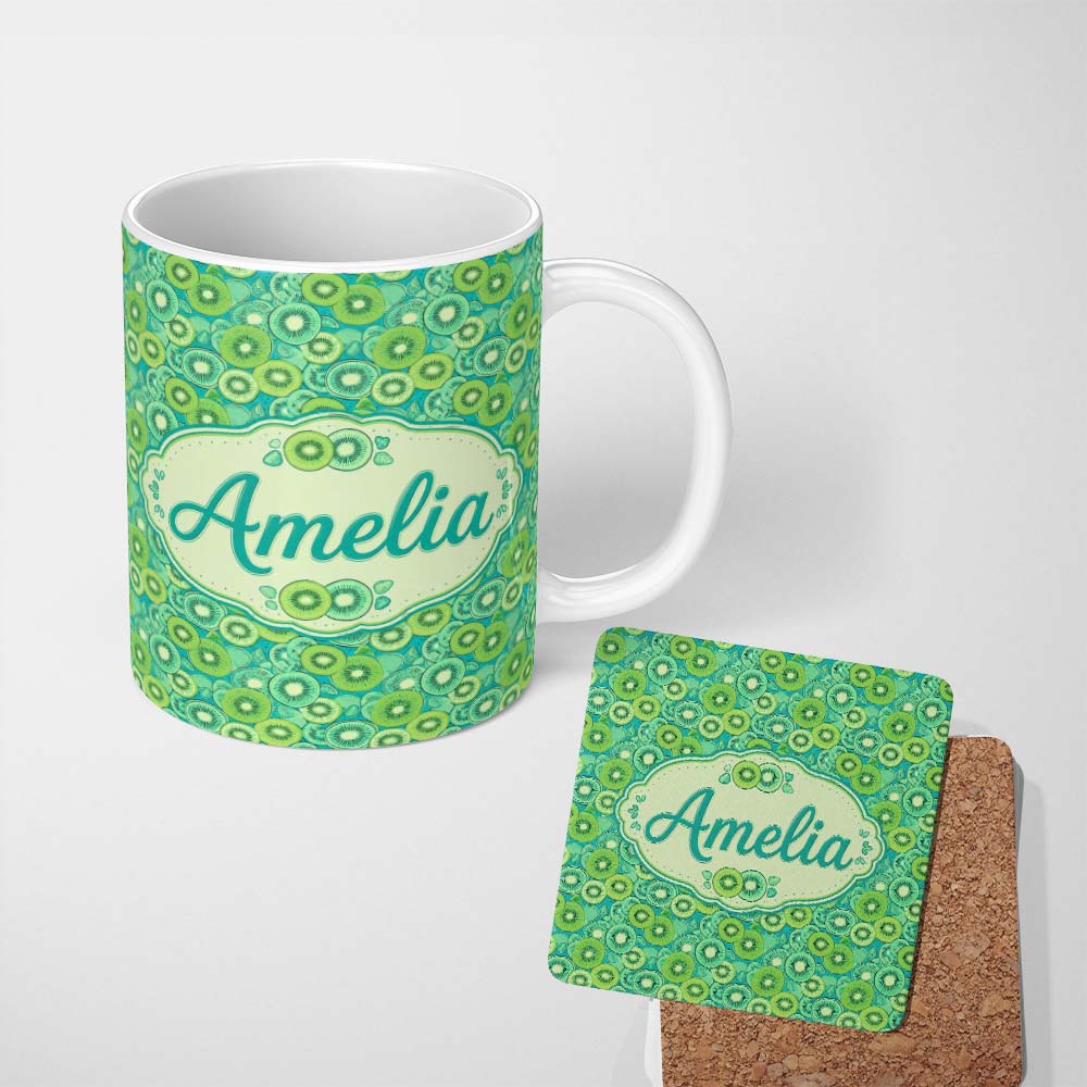 Personalized Custom Name Bold Kiwi Citrus Mix Dense Seamless Pattern on Teal Background 11oz Ceramic Coffee Tea Mug White Large Handle