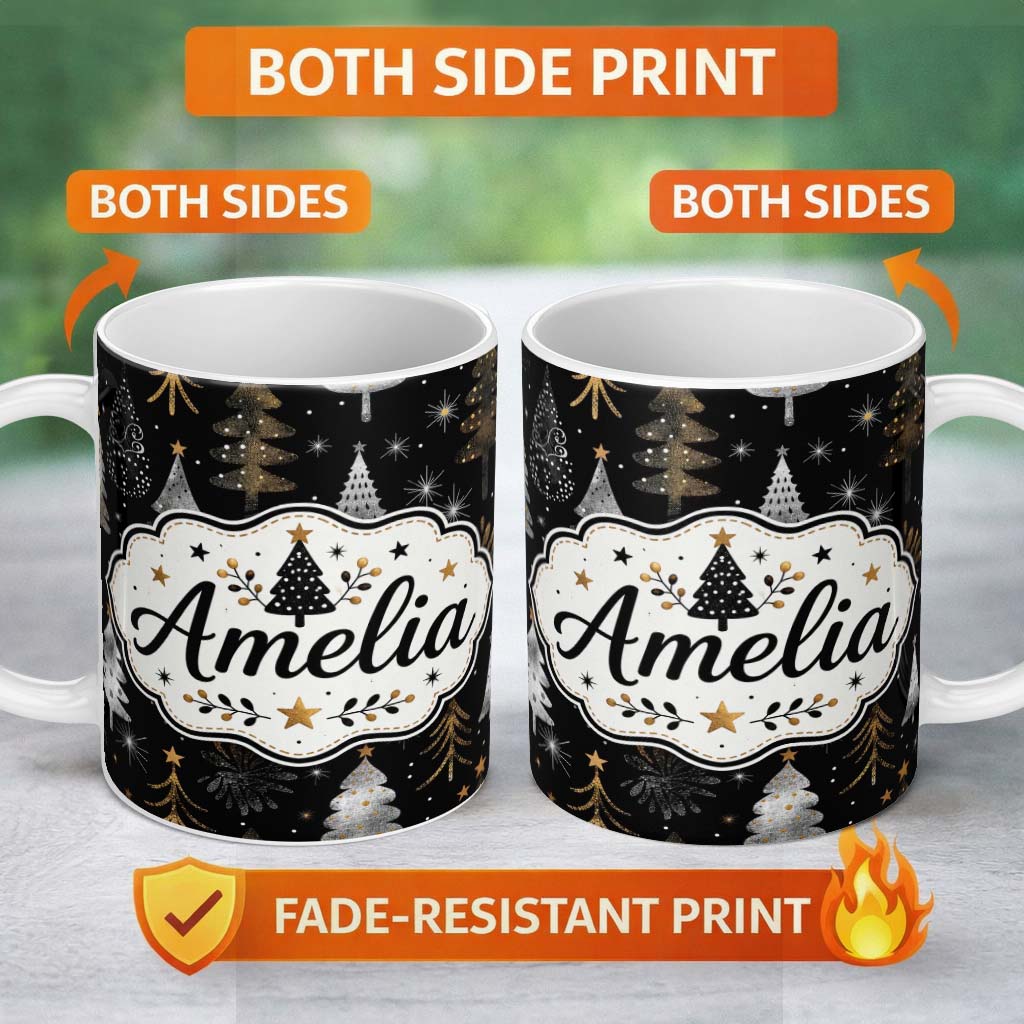 Personalized Custom Name Luxury Christmas Trees Black Gold Silver Glitter Stars Seamless 11oz Ceramic Coffee Tea Mug White Large Handle