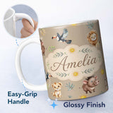 Personalized Custom Name Cute Safari Animals Lion and Warthog with Sun and Leaves on Tan Pink 11oz Ceramic Coffee Tea Mug White Large Handle