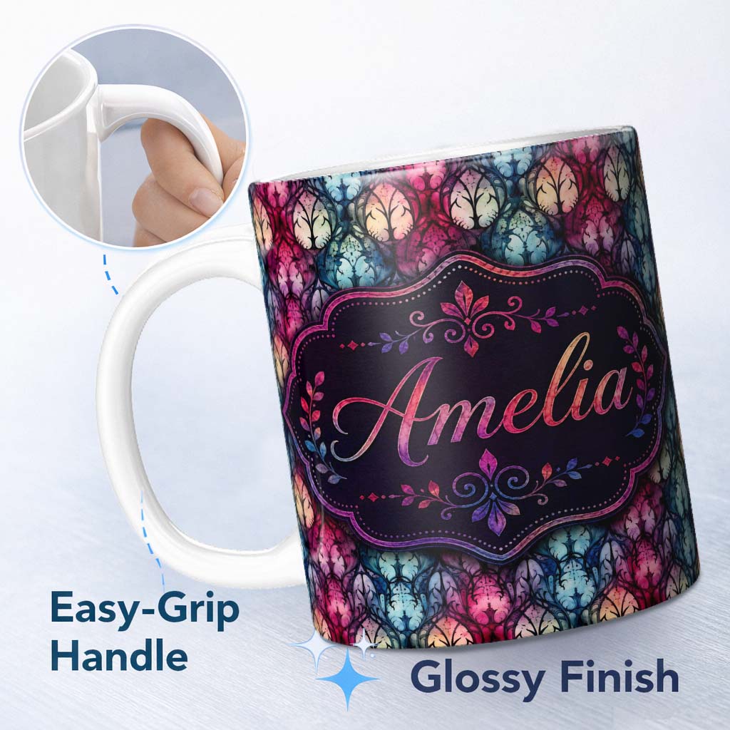 Personalized Custom Name Vibrant Art Nouveau Floral Stained Glass Pink Blue Seamless Pattern 11oz Ceramic Coffee Tea Mug White Large Handle