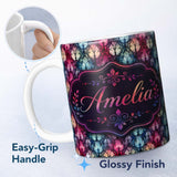 Personalized Custom Name Vibrant Art Nouveau Floral Stained Glass Pink Blue Seamless Pattern 11oz Ceramic Coffee Tea Mug White Large Handle