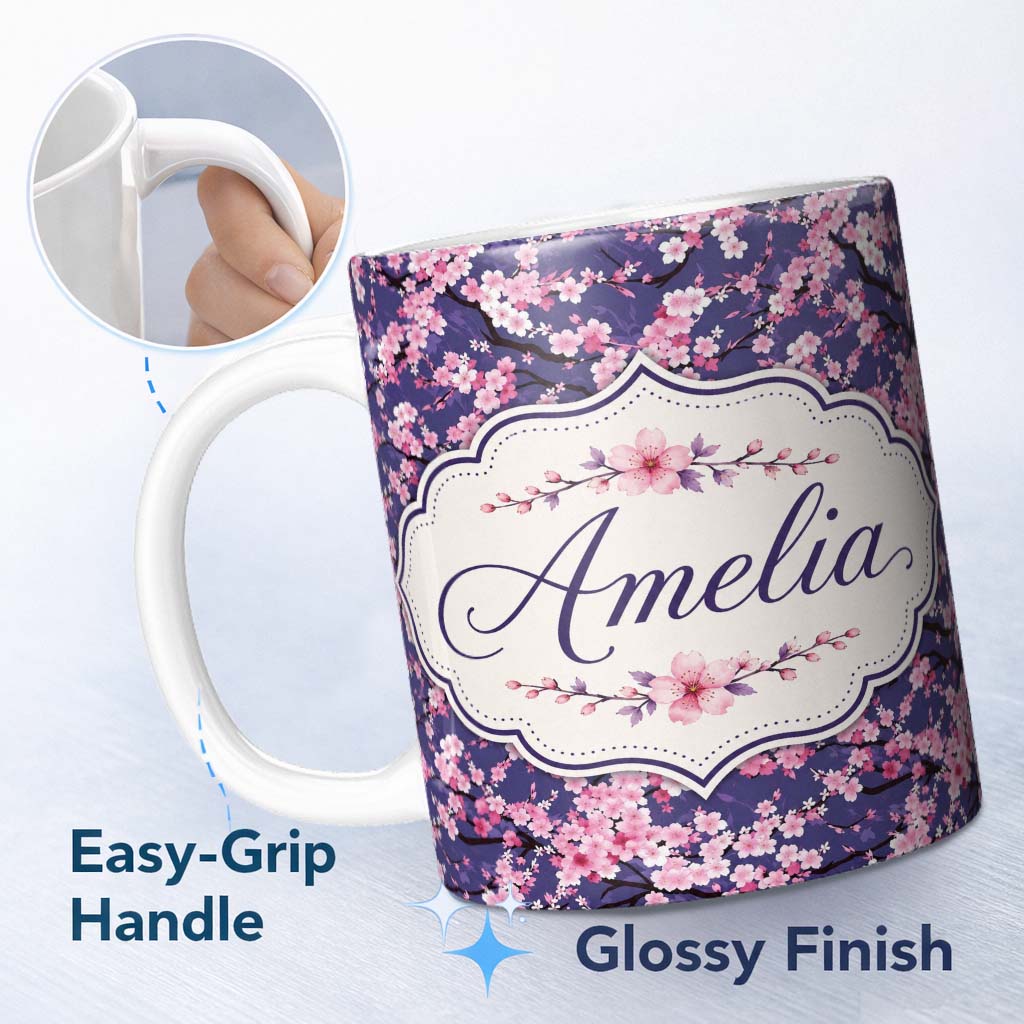 Personalized Custom Name Pink Cherry Blossom Branches Purple Background Seamless Pattern 11oz Ceramic Coffee Tea Mug White Large Handle