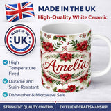 Personalized Custom Name Elegant Poinsettia Flowers Green Leaves Festive Seamless Pattern 11oz Ceramic Coffee Tea Mug White Large Handle