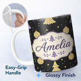 Personalized Custom Name Minimal Christmas Tree Ornaments Purple Black Seamless Pattern 11oz Ceramic Coffee Tea Mug White Large Handle