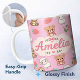 Personalized Custom Name Cute Bear Sloth Lamb Cherry Strawberry Seamless Pattern on Pink 11oz Ceramic Coffee Tea Mug White Large Handle