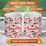 Personalized Custom Name Cute Santa Face Hats Candy Cane Pink Seamless Pattern Lovely 11oz Ceramic Coffee Tea Mug White Large Handle