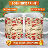 Personalized Custom Name Bold Red Floral Pattern with Cream Blossoms on Light Background 11oz Ceramic Coffee Tea Mug White Large Handle