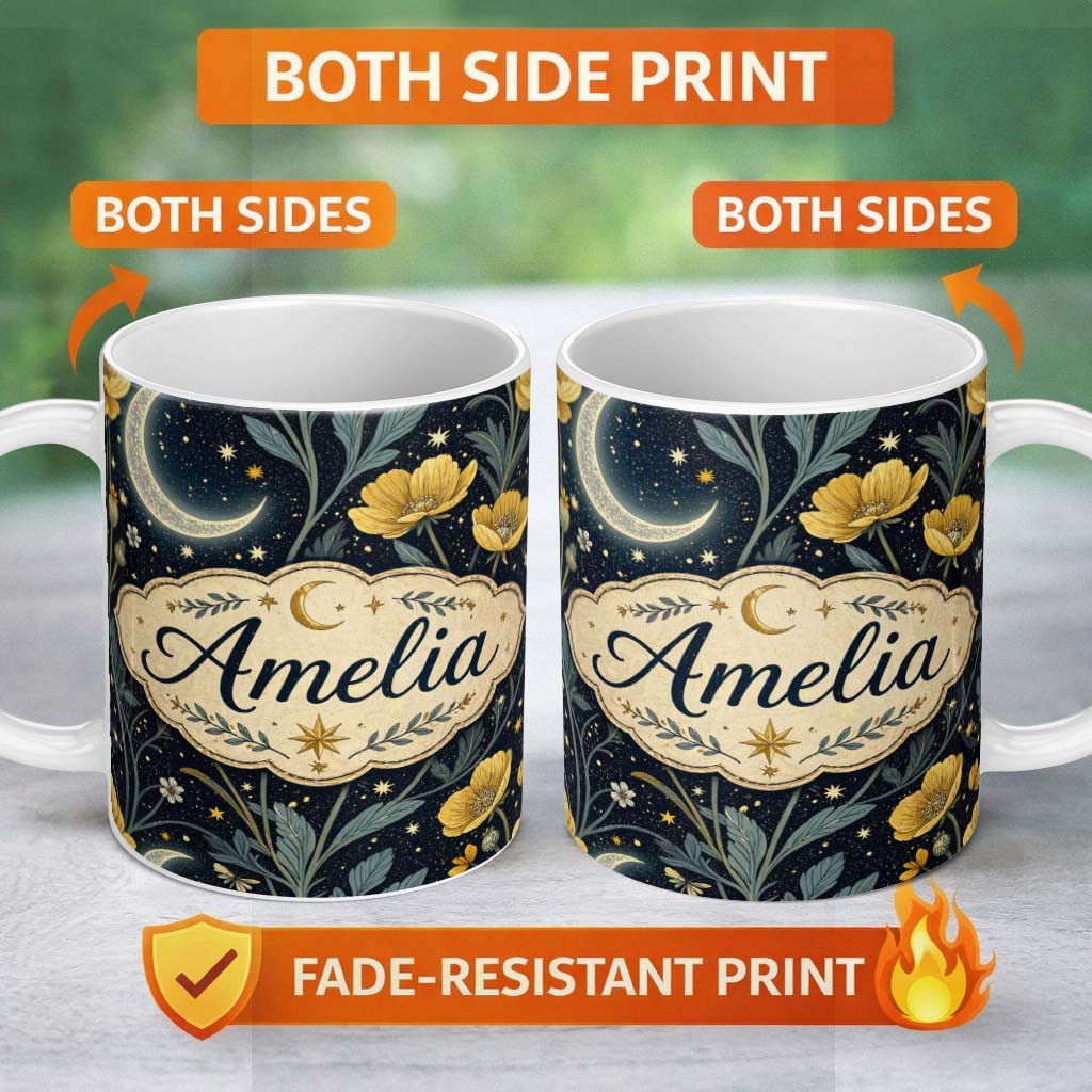 Personalized Custom Name Golden Floral Crescent Moon Night Garden Seamless Pattern Lovely 11oz Ceramic Coffee Tea Mug White Large Handle