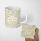 Personalized Custom Name Delicate Hanging Ornaments Floral Accent Seamless Pattern Lovely 11oz Ceramic Coffee Tea Mug White Large Handle