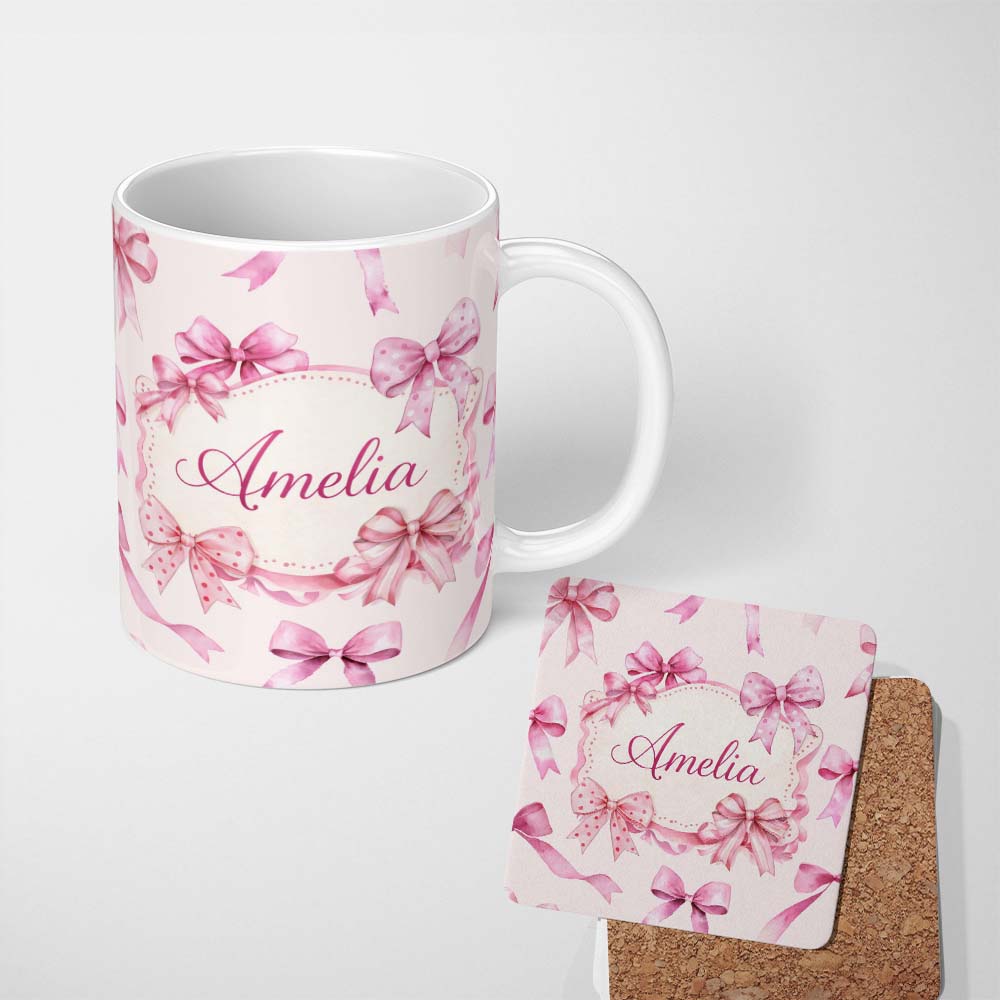 Personalized Custom Name Watercolor Pink Ribbon Bows Neutral Ivory Background Seamless Lovely 11oz Ceramic Coffee Tea Mug White Large Handle