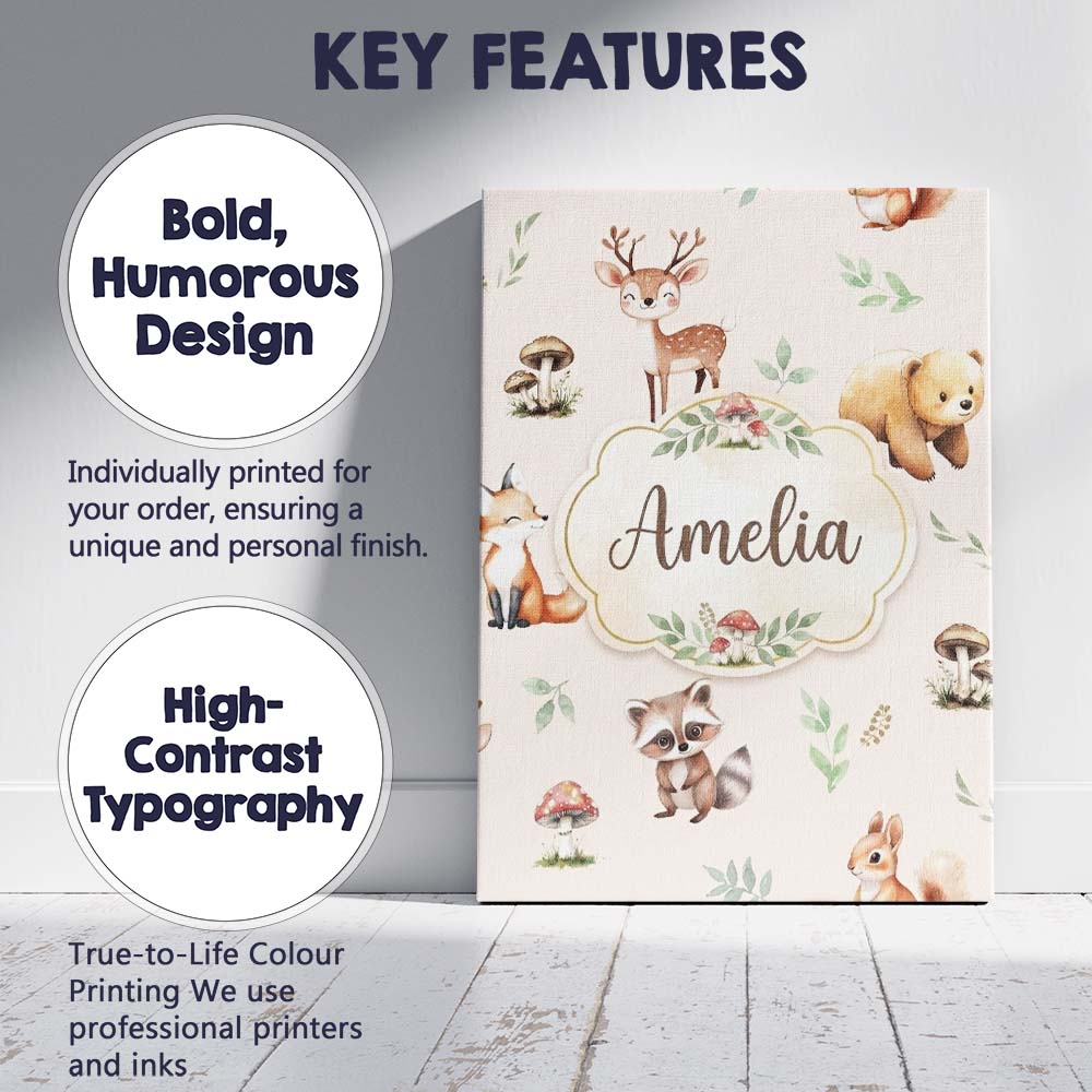 Personalised Name Woodland Deer Bear Fox Custom  Unique Gift Idea Elegant Feature Canvas Wall Art Print Decor Picture Ready to Hang