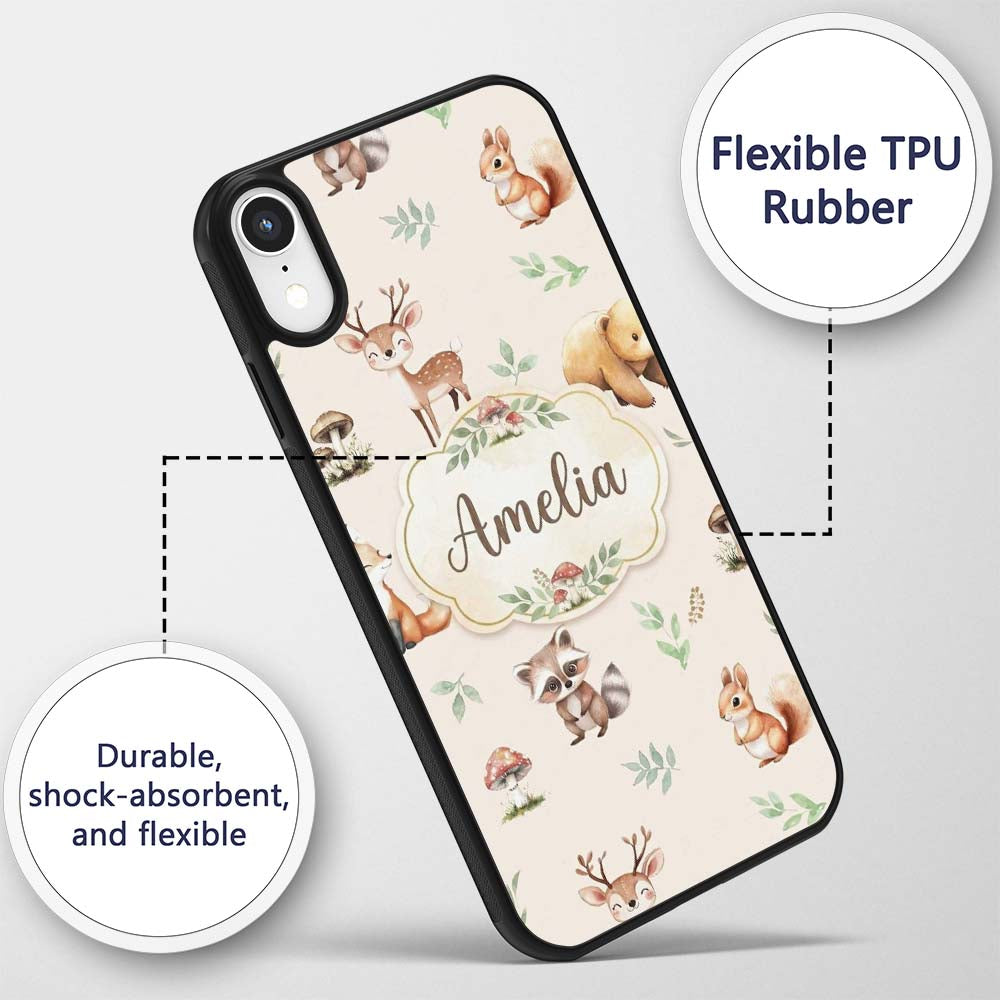 Woodland Deer Bear Fox Owl Raccoon Printed Design Custom Name Protective Phone Case Mobile Cover Durable Everyday Smartphone Shock Resistant
