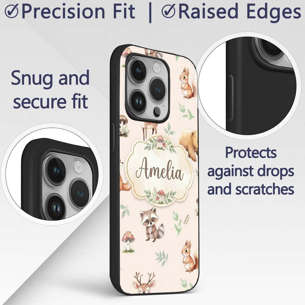 Woodland Deer Bear Fox Owl Raccoon Printed Design Custom Name Protective Phone Case Mobile Cover Durable Everyday Smartphone Shock Resistant