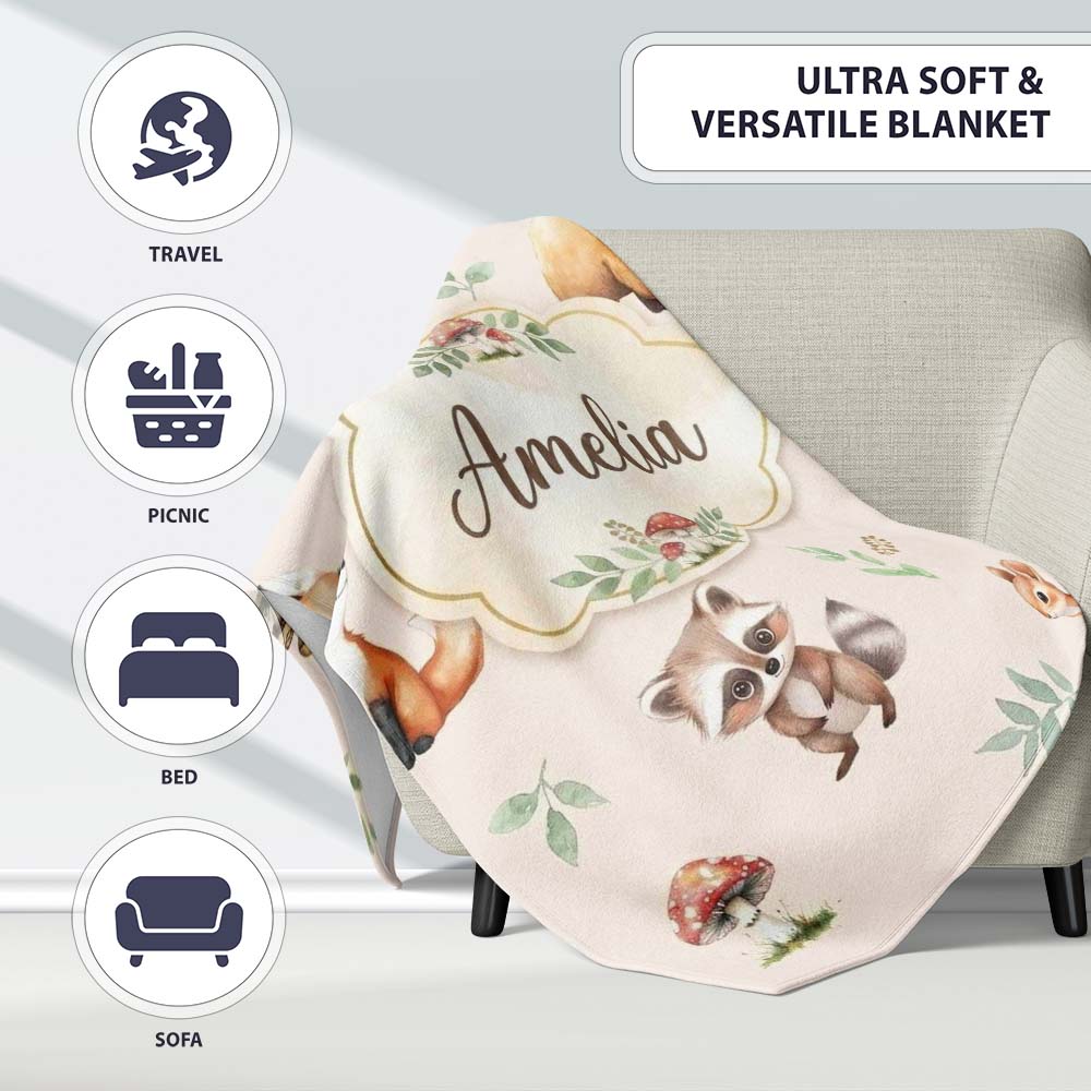 Woodland Deer Bear Fox Owl Raccoon Leaves Mushrooms Neutral  Personalised Custom Name Super Soft Fleece Blanket Bed Sofa Throw