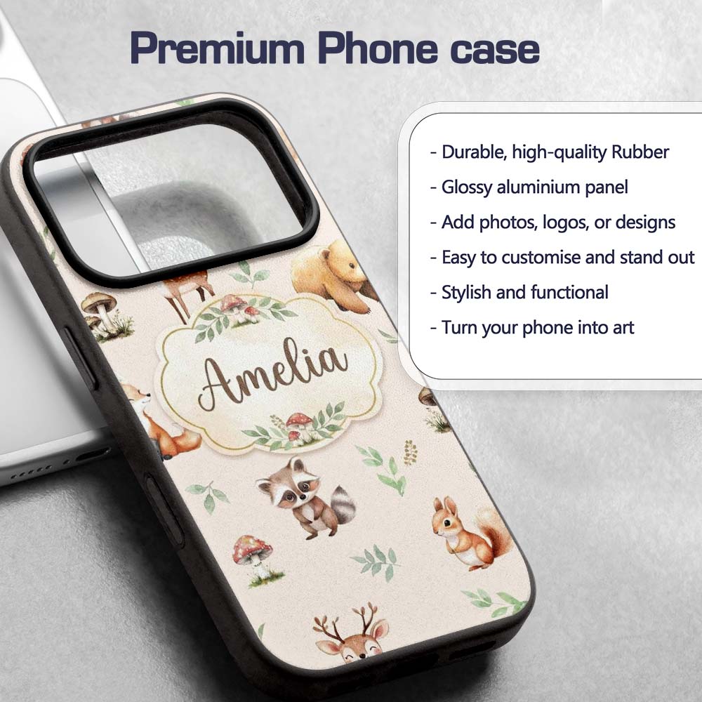 Woodland Deer Bear Fox Owl Raccoon Printed Design Custom Name Protective Phone Case Mobile Cover Durable Everyday Smartphone Shock Resistant