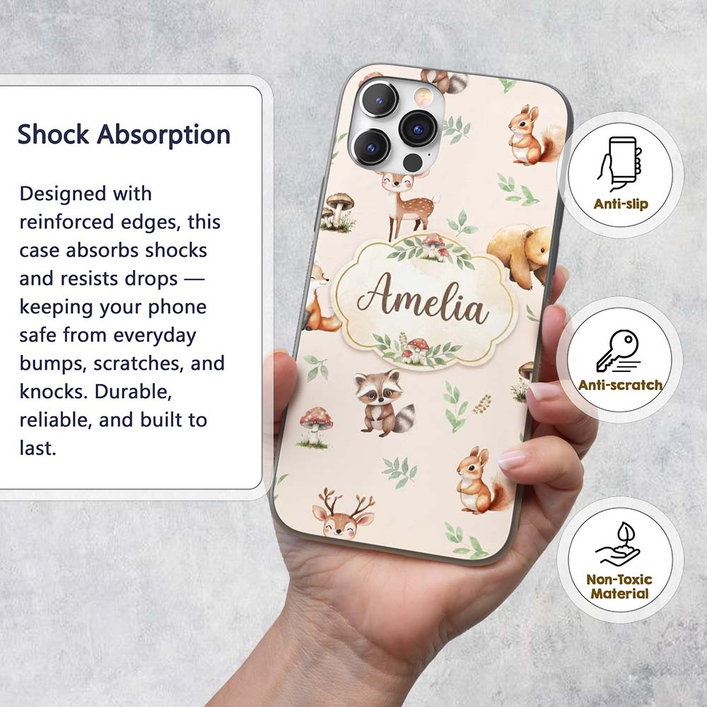 Woodland Deer Bear Fox Owl Raccoon Printed Design Custom Name Protective Phone Case Mobile Cover Durable Everyday Smartphone Shock Resistant