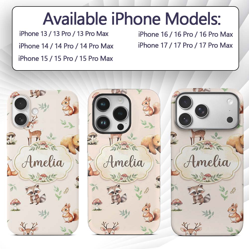 Woodland Deer Bear Fox Owl Raccoon Printed Design Custom Name Protective Phone Case Mobile Cover Durable Everyday Smartphone Shock Resistant
