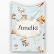 Woodland Deer Bear Fox Owl Raccoon Leaves Mushrooms Blue Seamless  Personalised Custom Name Super Soft Fleece Blanket Bed Sofa Throw
