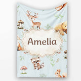 Woodland Deer Bear Fox Owl Raccoon Leaves Mushrooms Blue Seamless  Personalised Custom Name Super Soft Fleece Blanket Bed Sofa Throw