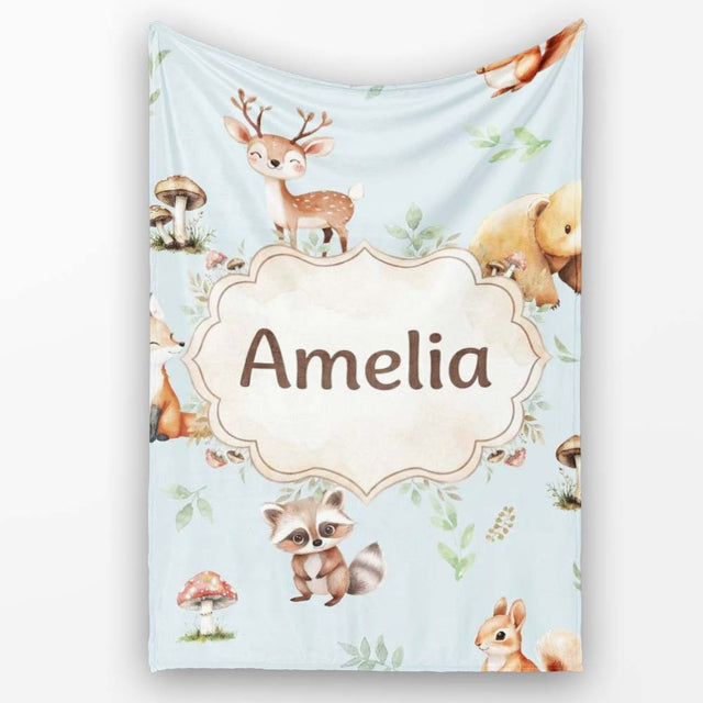 Woodland Deer Bear Fox Owl Raccoon Leaves Mushrooms Blue Seamless  Personalised Custom Name Super Soft Fleece Blanket Bed Sofa Throw