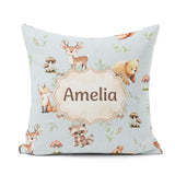 Custom Name Woodland Deer Bear Fox Raccoon Leaves Mushrooms Blue Square Filled Cushion Throw Pillow Sofa Bed Home Decor Zip Washable UK Made