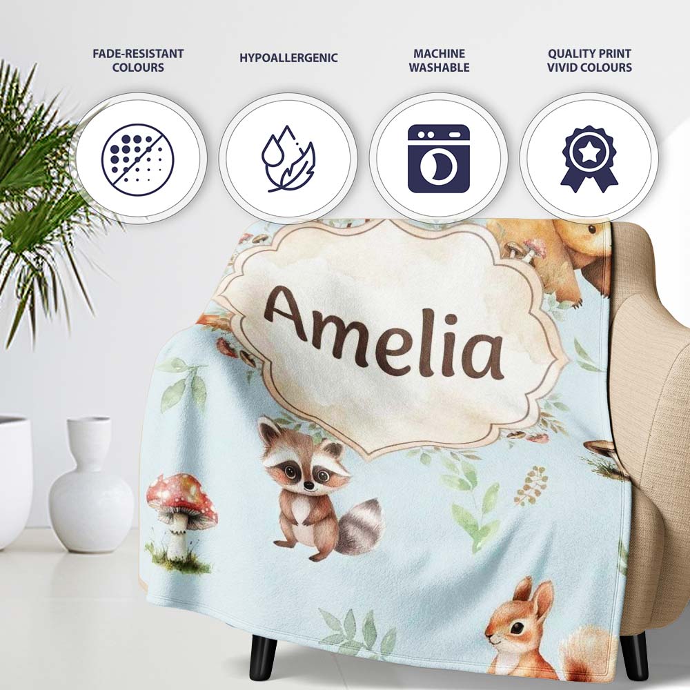 Woodland Deer Bear Fox Owl Raccoon Leaves Mushrooms Blue Seamless  Personalised Custom Name Super Soft Fleece Blanket Bed Sofa Throw
