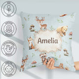 Custom Name Woodland Deer Bear Fox Raccoon Leaves Mushrooms Blue Square Filled Cushion Throw Pillow Sofa Bed Home Decor Zip Washable UK Made