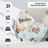 Woodland Deer Bear Fox Owl Raccoon Leaves Mushrooms Blue Seamless  Personalised Custom Name Super Soft Fleece Blanket Bed Sofa Throw