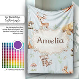 Woodland Deer Bear Fox Owl Raccoon Leaves Mushrooms Blue Seamless  Personalised Custom Name Super Soft Fleece Blanket Bed Sofa Throw