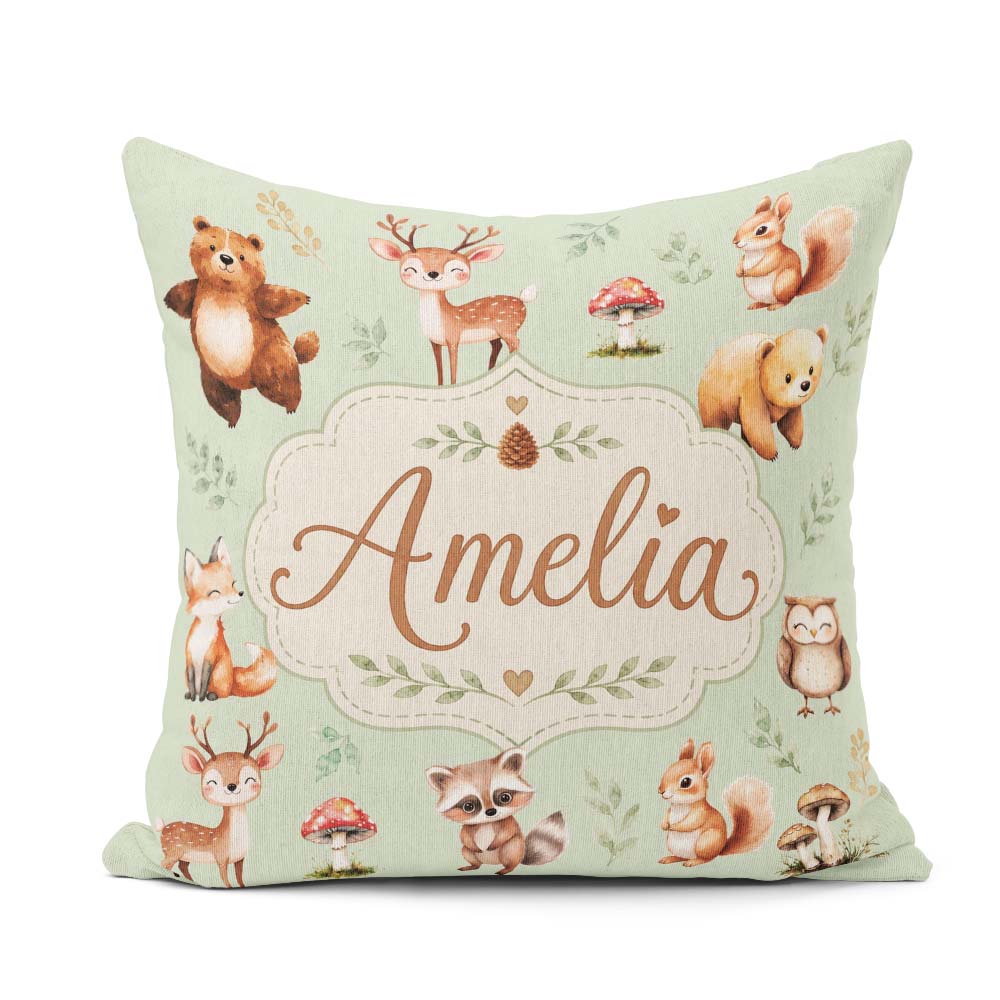 Custom Name Woodland Deer Bear Fox Owl Raccoon Leaves Sage Green Square Filled Cushion Throw Pillow Sofa Bed Home Decor Zip Washable UK Made